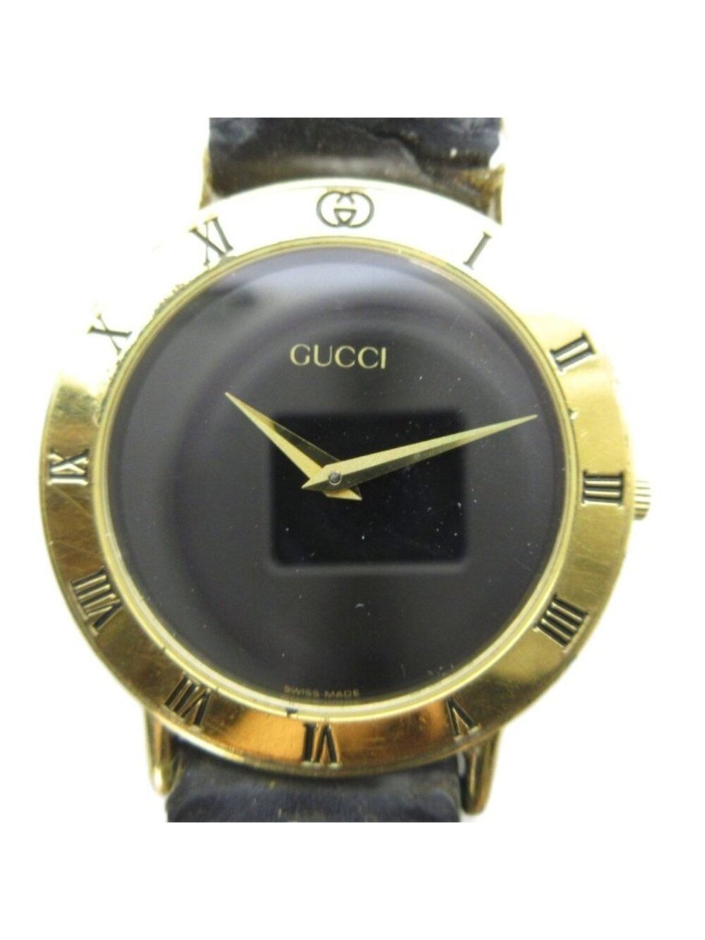 Gucci 3000.2 M Watch Quartz Leather Strap Black Dial Gold